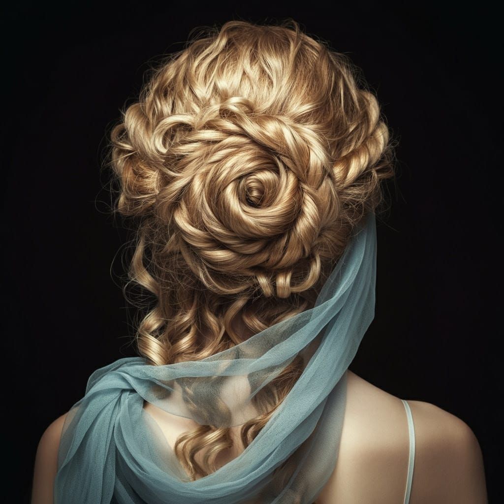 Woman's Elegant Ancient Hairstyle with Pale Blue Veil in Neo...