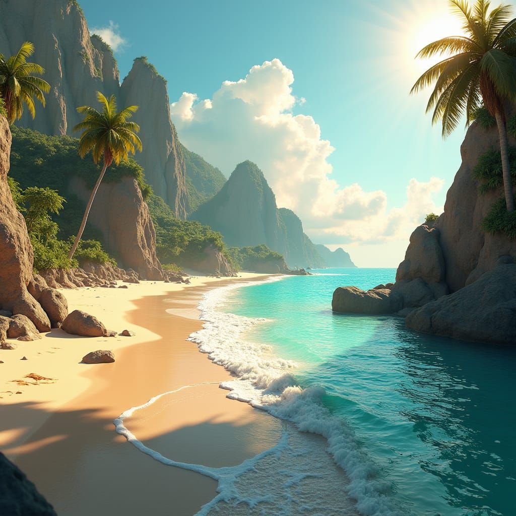Idyllic Beach Scene in Matte Painting Style