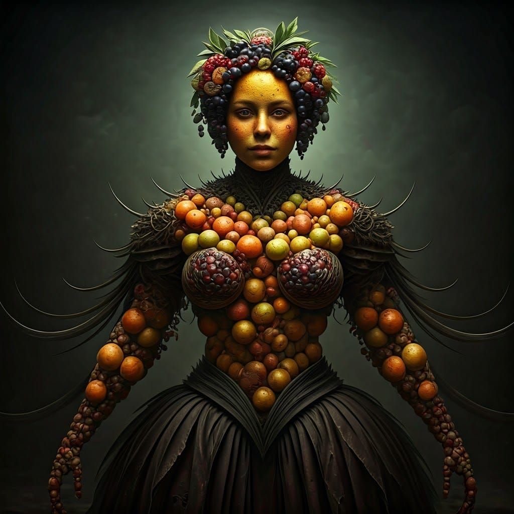 Surreal Fruit Humanoid in Dystopian Setting