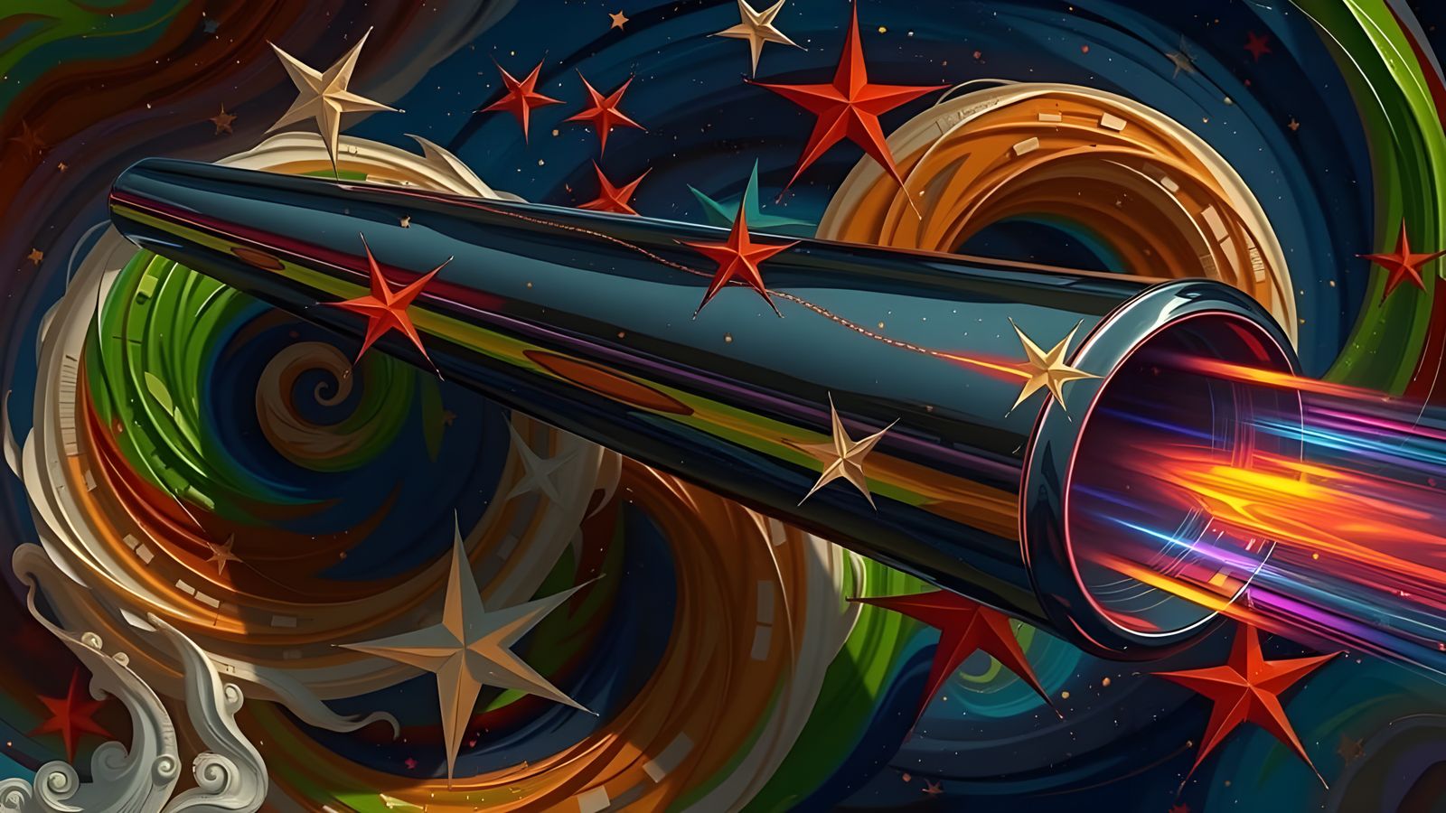 Sleek Rainbow Cylinder with Vortex Oil Paint Stars