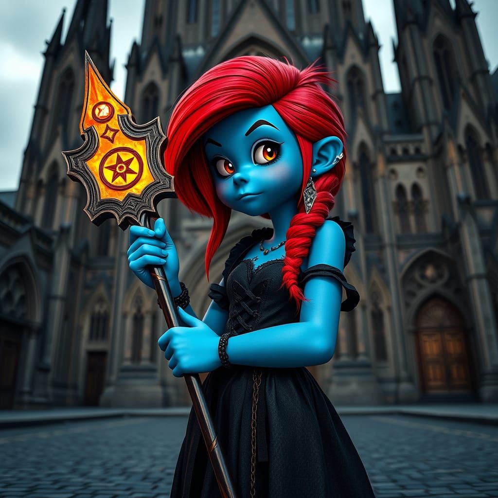 Rebel Smurfette in Front of Gothic Cathedral