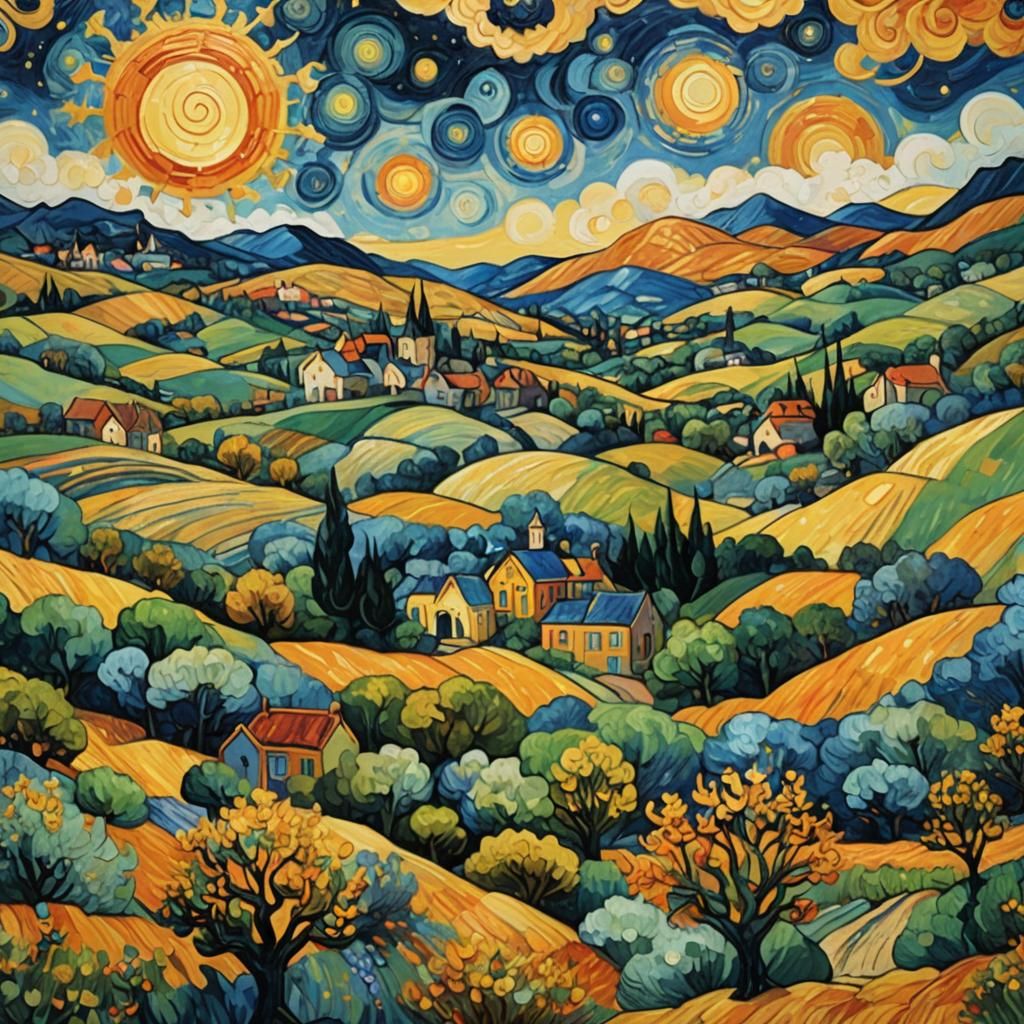 Village Scene with Sun in Post-Impressionist Style