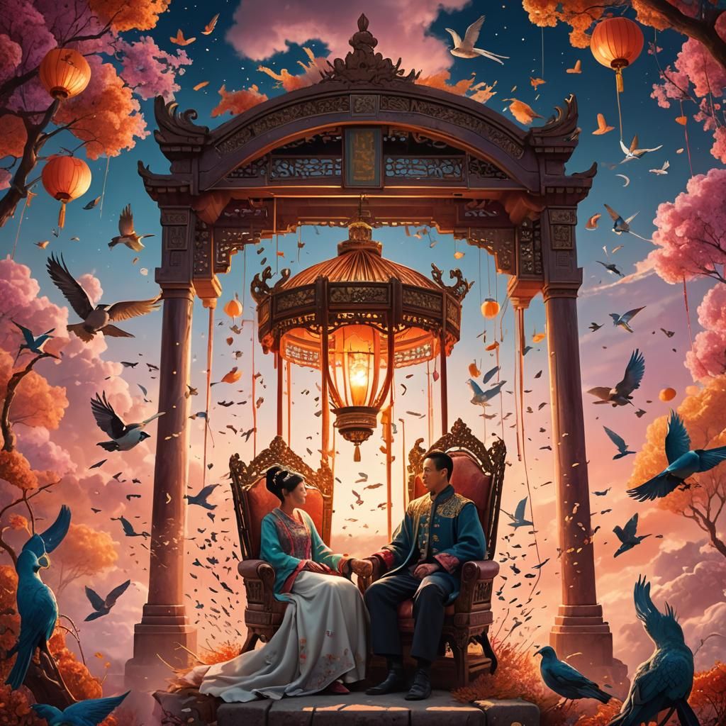 Couple on Throne Surrounded by Birds