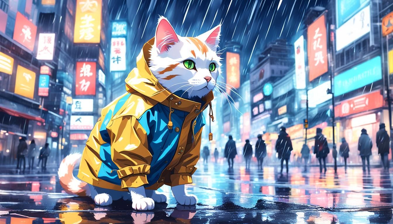 Cat in Raincoat: Colorful Anime Cityscape