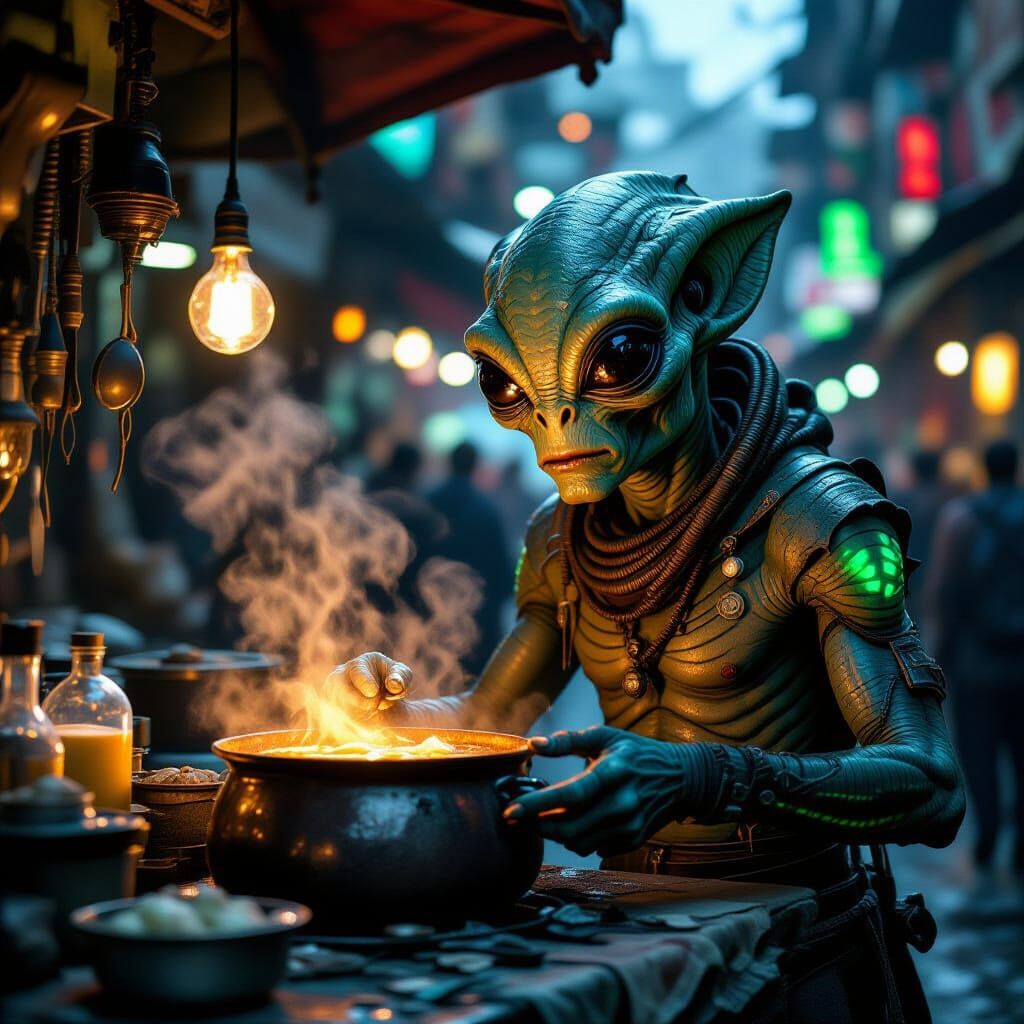 Alien Vendor Offering Food in a Gritty Market