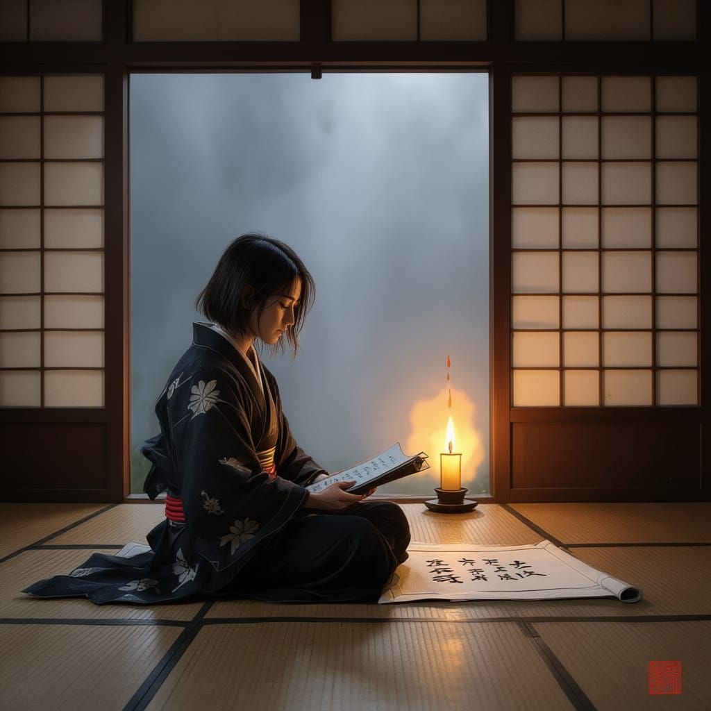 Samurai Meditating in Sumi-e Ink Style