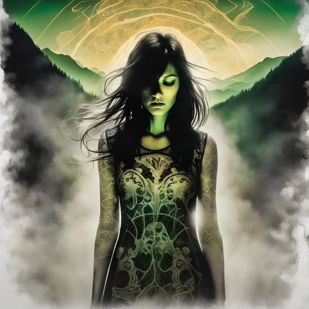 Spotlit Woman with Golden Lace Dress in Graffiti Art