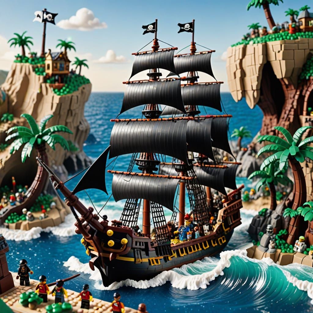 Close up on a huge highly detailed Lego pirate ship with min...