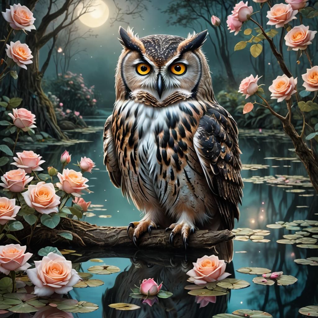 Mystical Owl in Rose Pond at Night