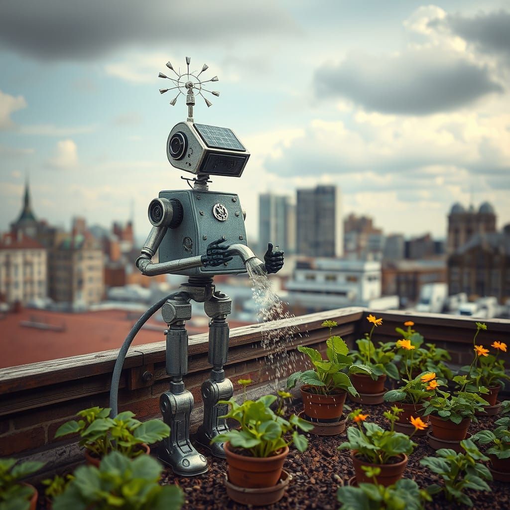 Whimsical Robot Tends Rooftop Garden in Solarpunk Cityscape