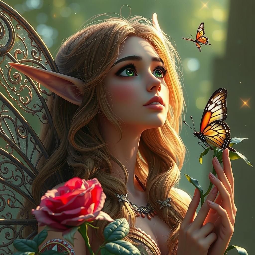 Elf Queen on Rose and Butterfly in 3D