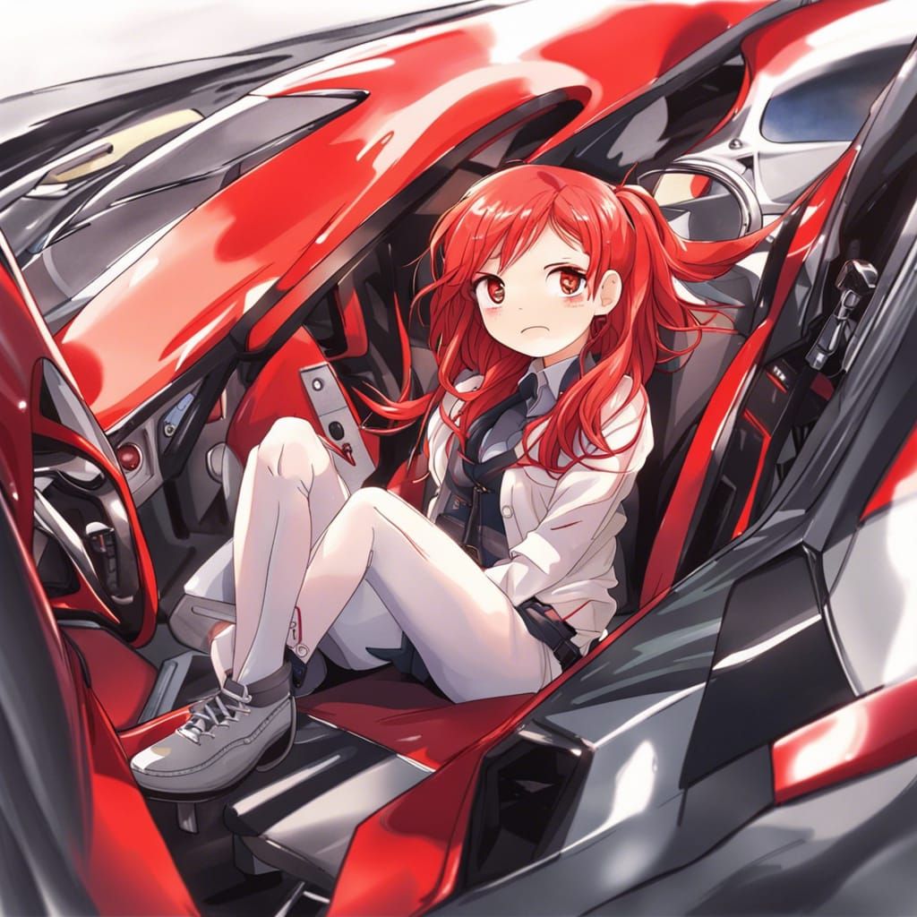 Red-Haired Girl and Supercar in Anime Style