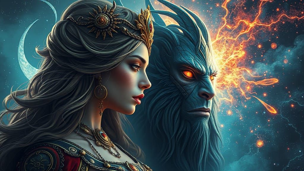 Niobe Meets Cosmic Trickster: Digital Art Portrait