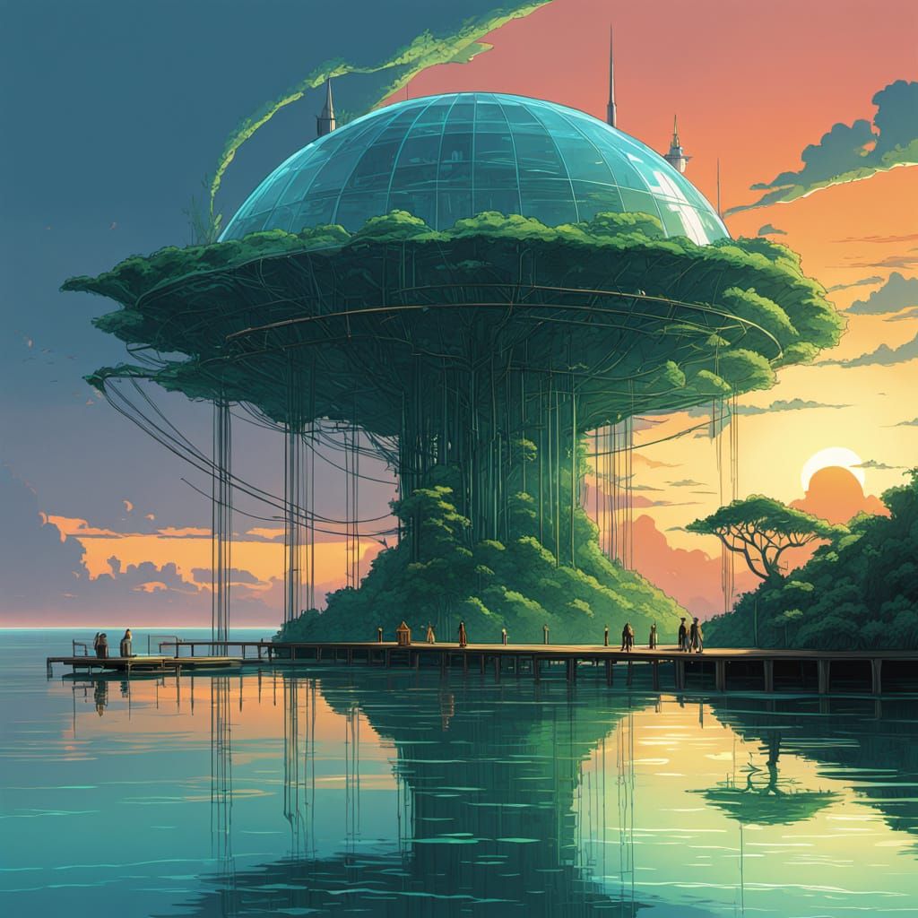 Cyberpunk Biodome in Caribbean Sunset