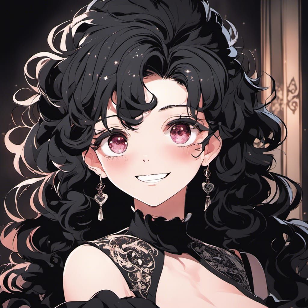 Anime Woman with Heart Pupils and Curly Hair