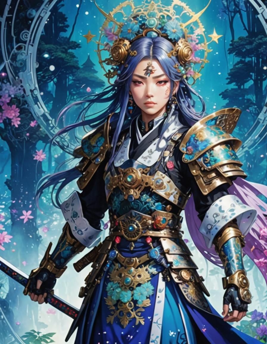 Steampunk Anime Cyborg Ninja in Bioluminescent Forest