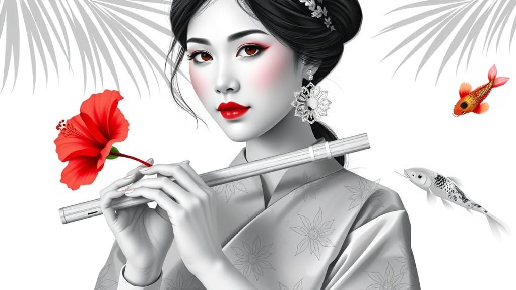 Serenely Playing Suling in Traditional Indonesian Kebaya