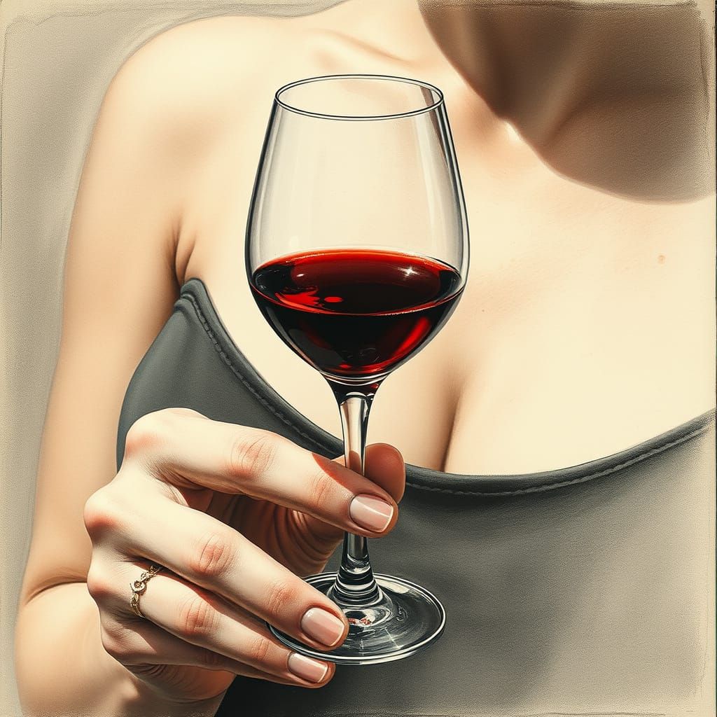 Chianti Wine in Crystal Glass: Charcoal Drawing