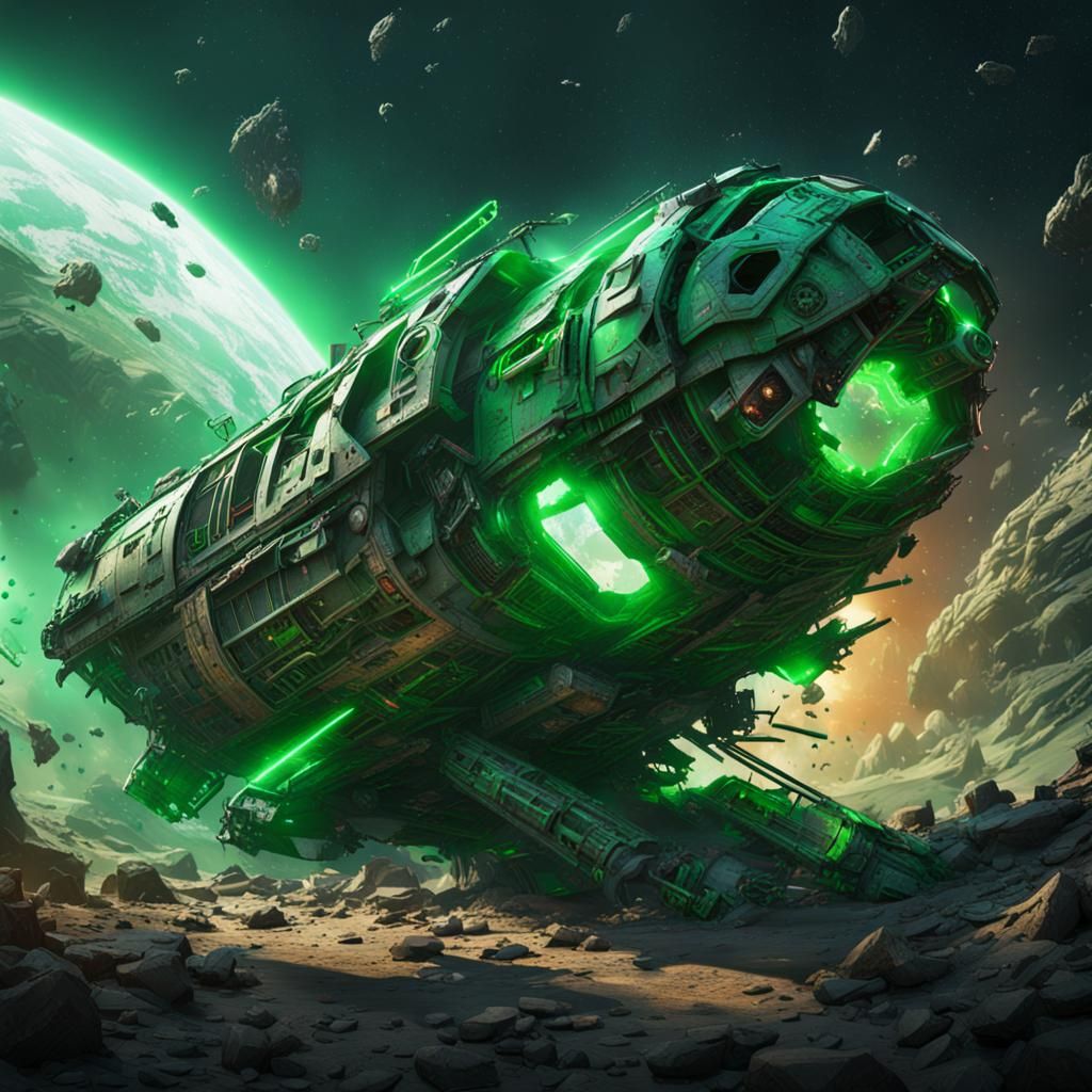 Crashed Spaceship Wreckage with Green Light, Comics Style