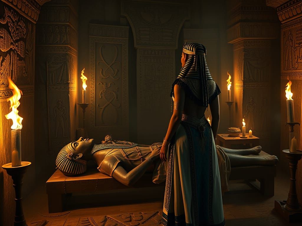 Ancient Egyptian Mummification Ritual in Dark Surrealistic A...