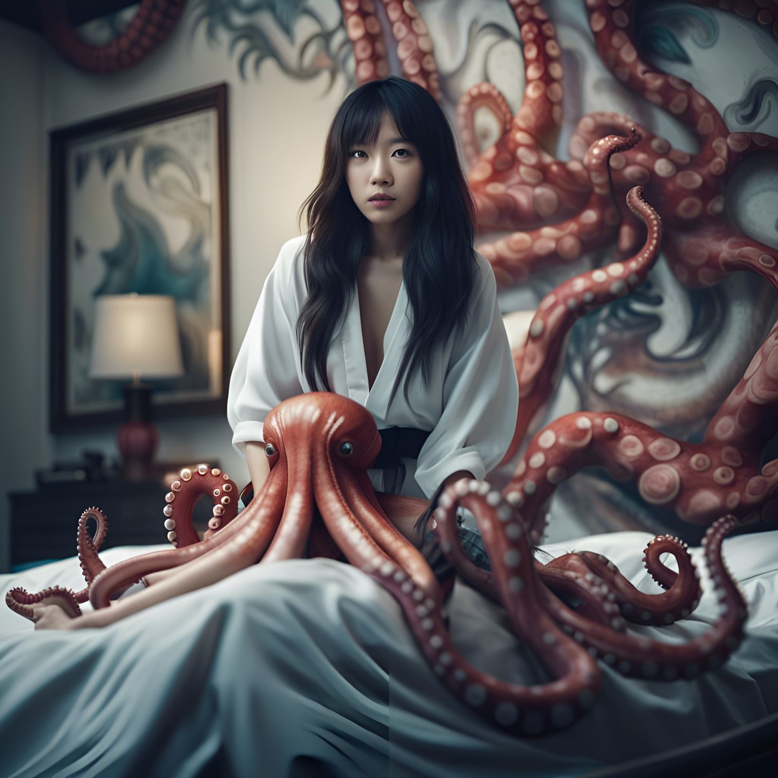 Beautiful Asian girl and large octopus
