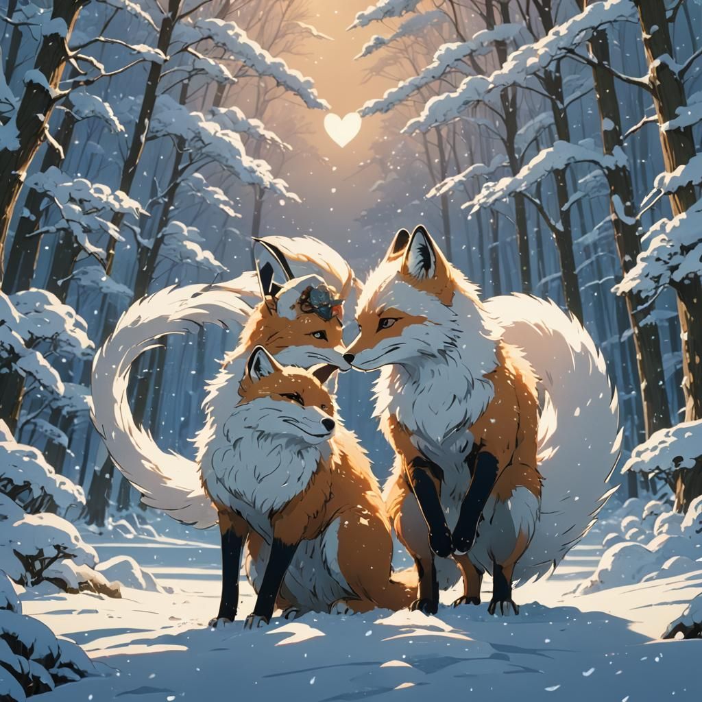 Two Snow Foxes Form Heart: Ghibli Anime