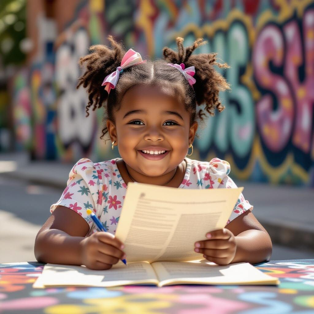 Girl Studying US Constitution Amidst Vibrant Street Art