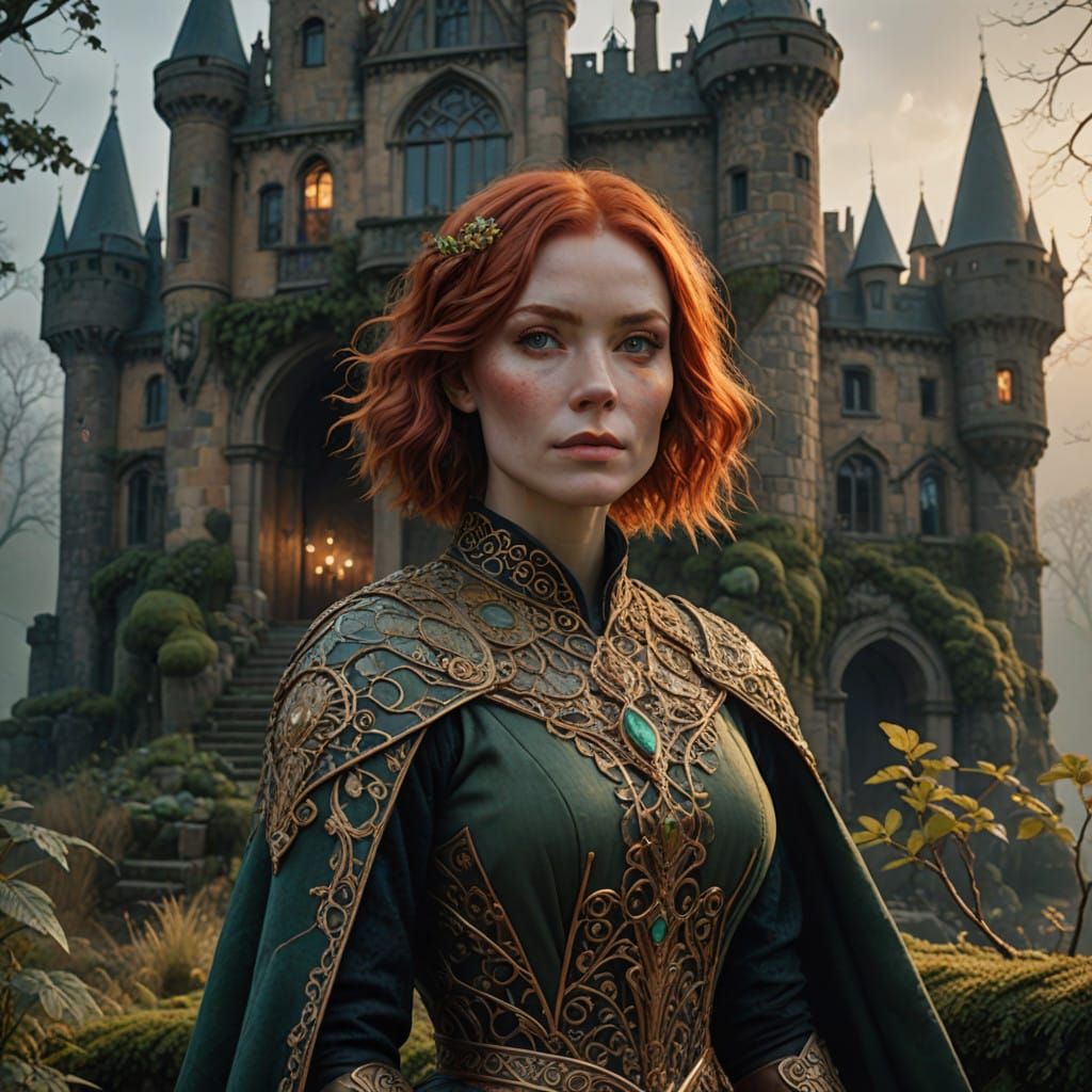 Ethereal Woman in Renaissance Attire Stands Before Ancient C...