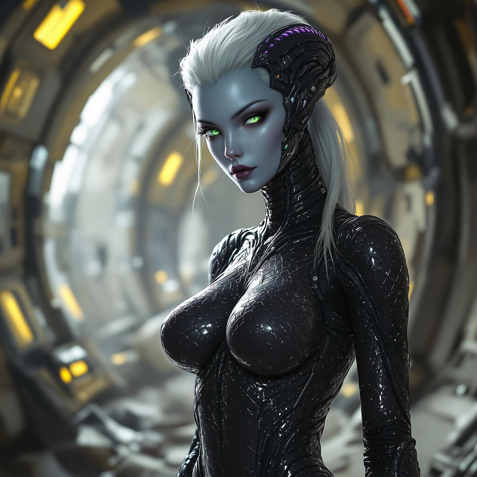 Alien Marine Woman in Derelict Spaceship, Hyper-realistic Te...