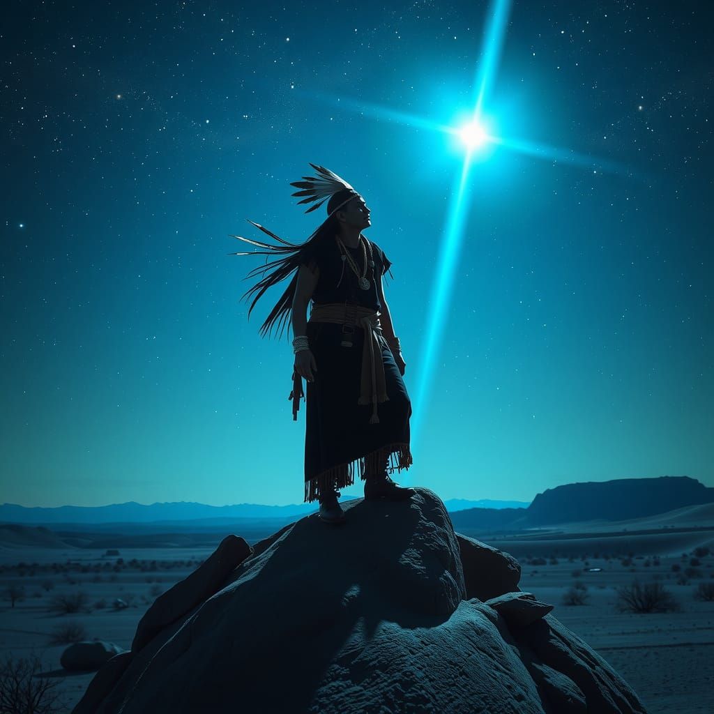 Hopi Shaman Gazing at Blue Starry Night