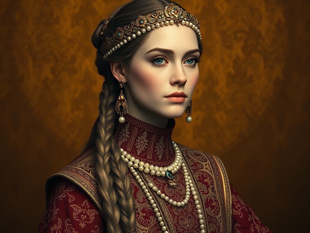 Elegant Woman in 930s A.D. Regalia with Golden Background