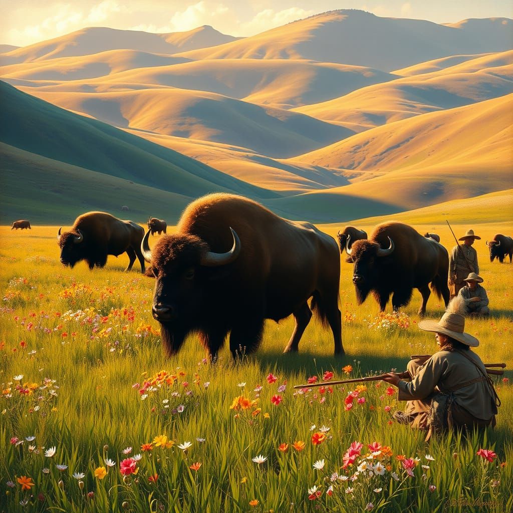 Buffalo in Meadow Watched by Hunters, Detailed Realism