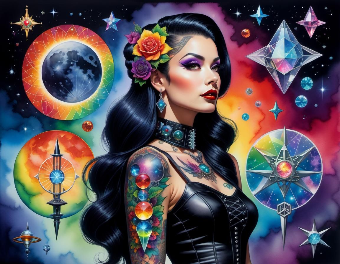 Gothic Latina Pinup with Science Tattoos in Watercolor