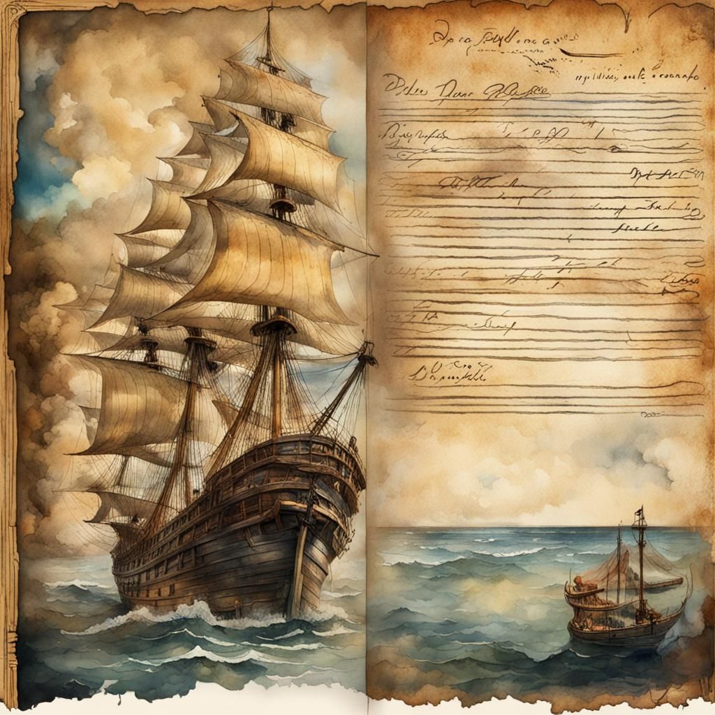 Pirate Journal Page with Ship and Old Map in Watercolor