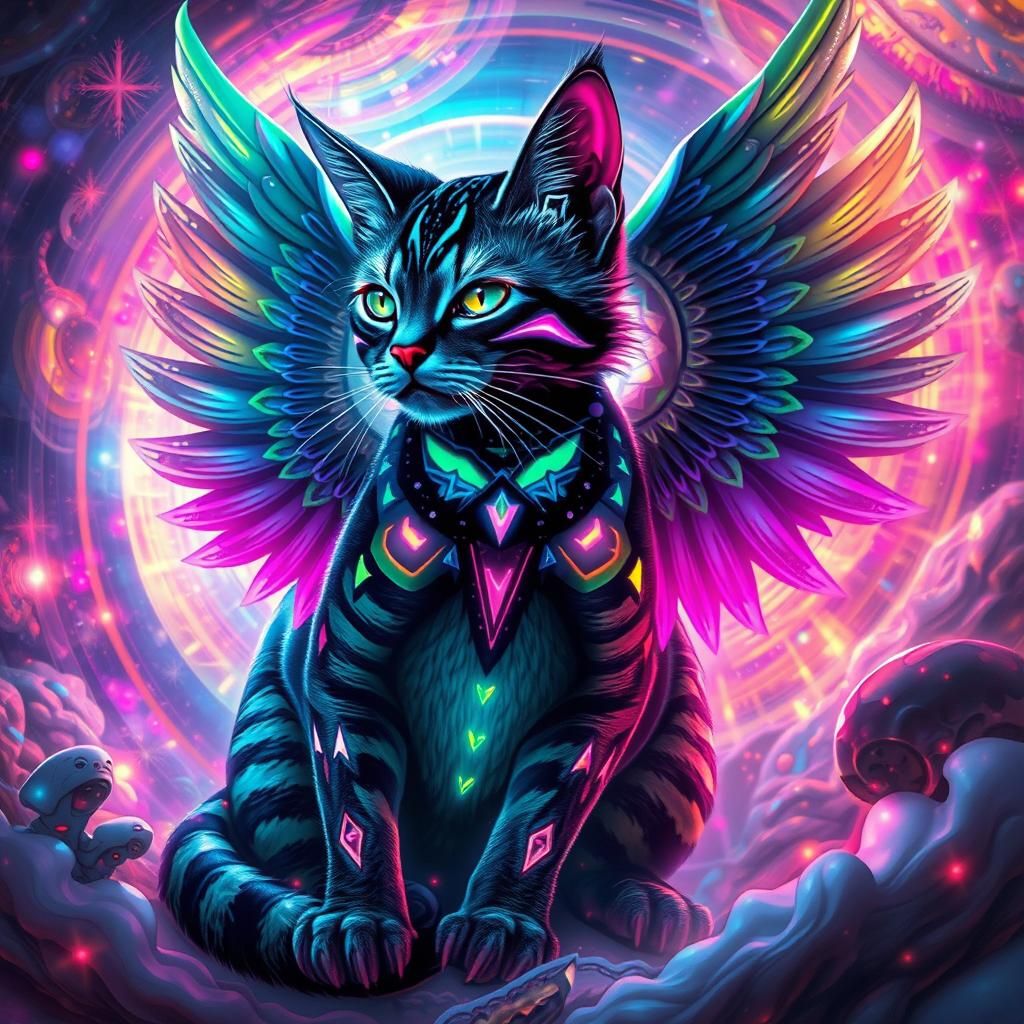 Psychedelic Cat Angel in Futuristic Dreamscape Style