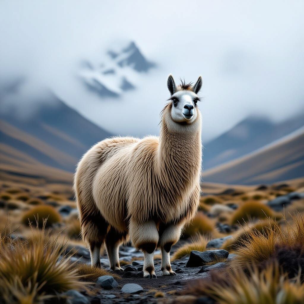 Guanaco in Misty Andean Landscape, Hyperrealistic HDR