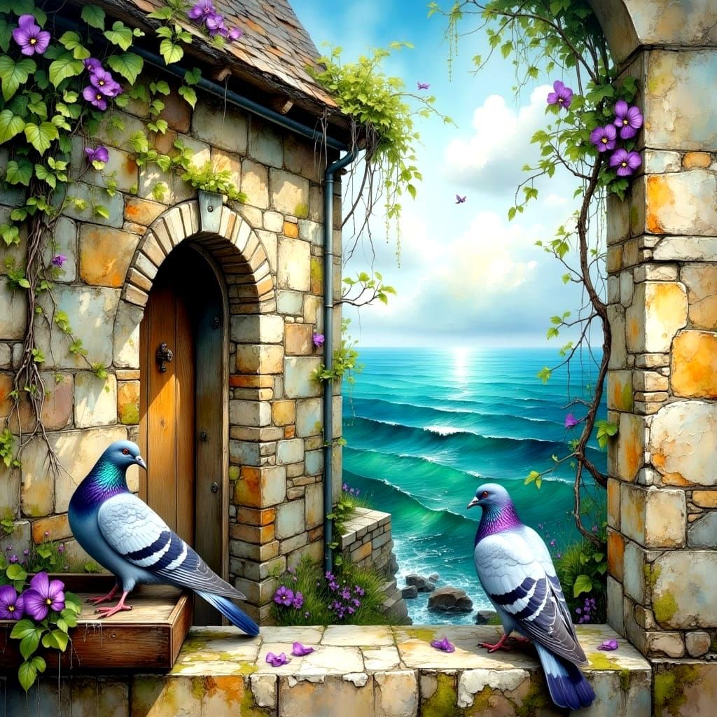 Misty Coastal Cottage with Majestic Winged Pigeons