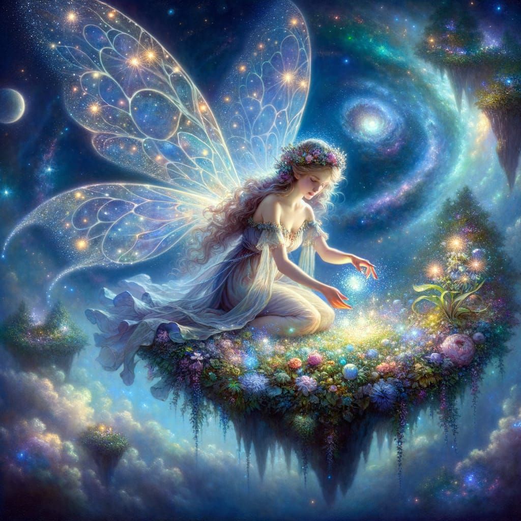 Celestial Fairy Tends Starlight Garden on Floating Island