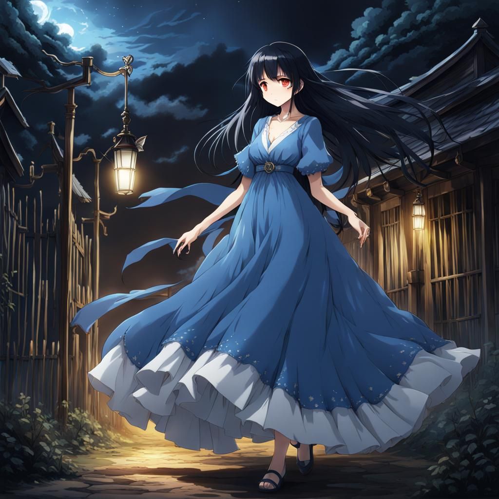 Anime Ghost Woman in Worn Blue Dress