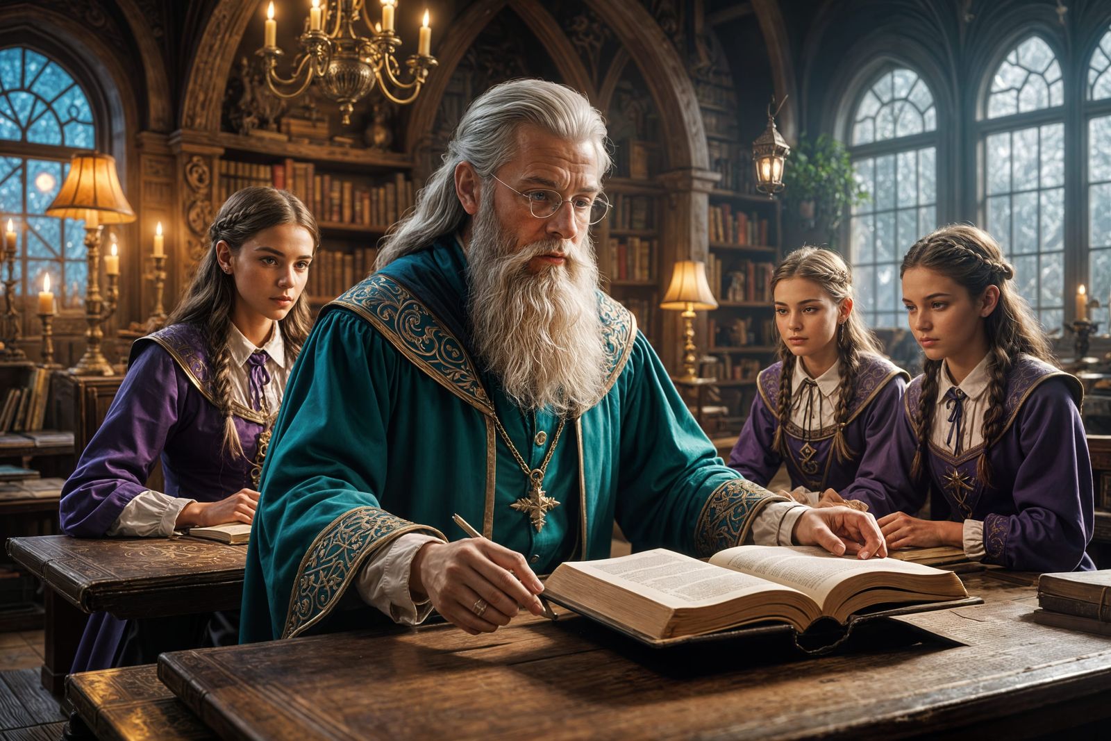 Wizard Teaches Elves in Magical Alchemist Classroom