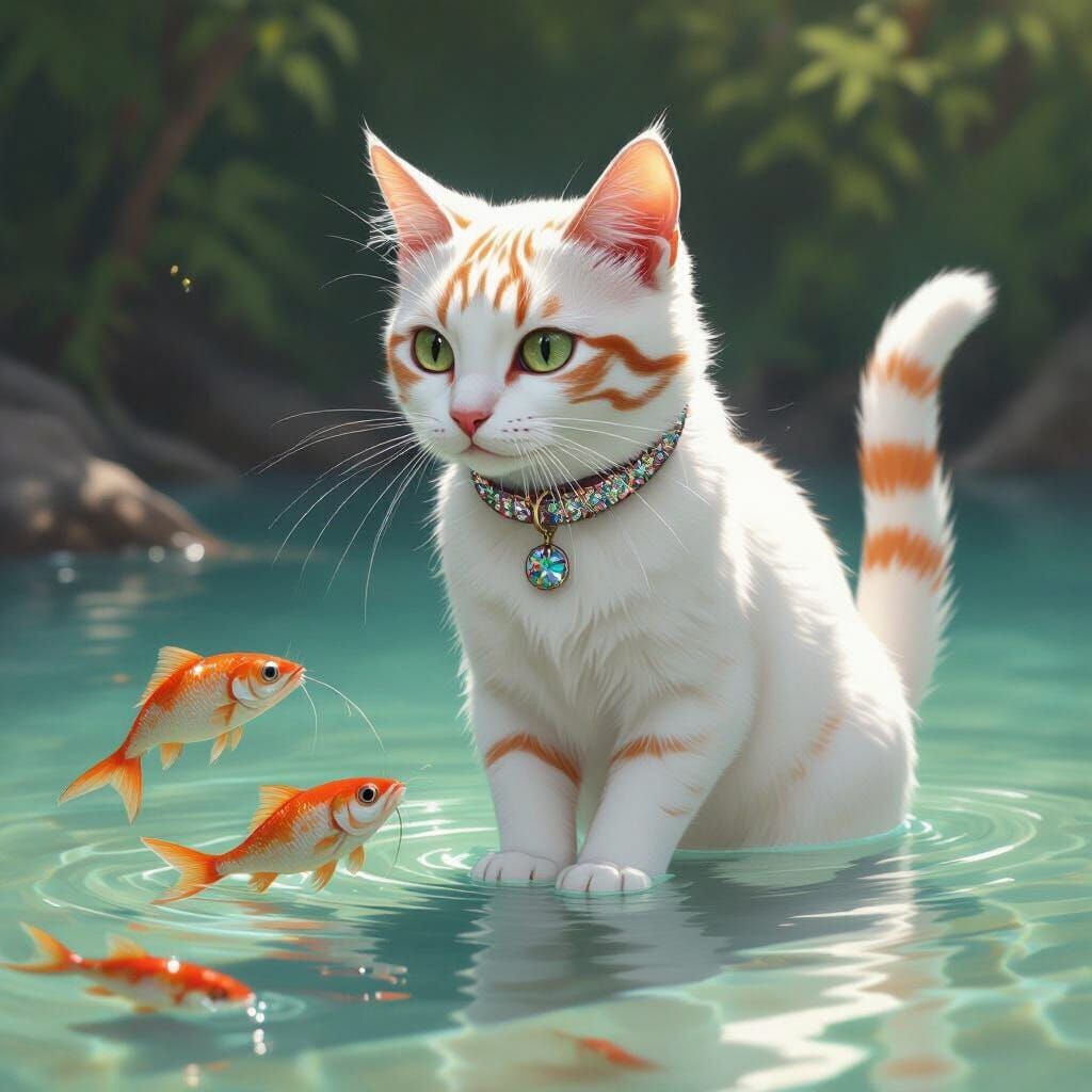 Red Striped Cat Catches Fish: Fantasy Illustration
