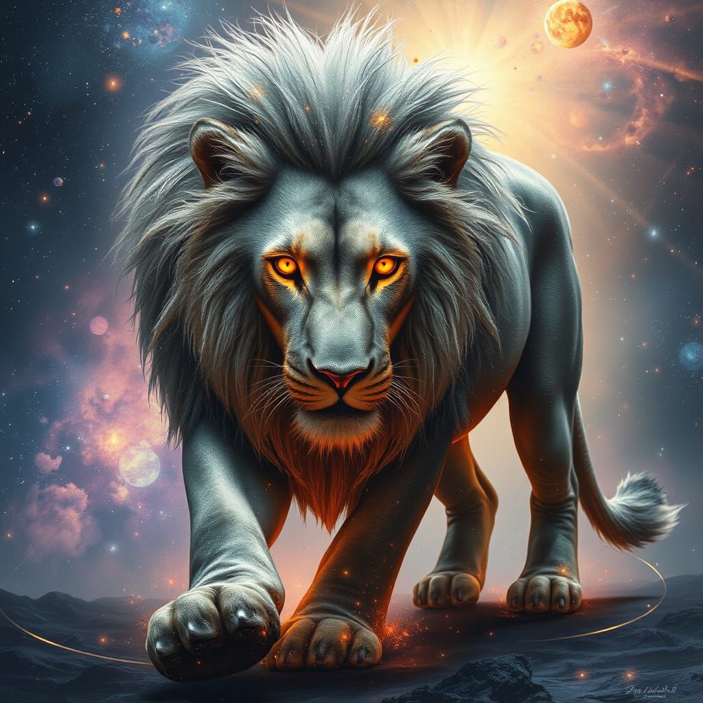 Lion with Stardust Mane Walks Through Galaxy