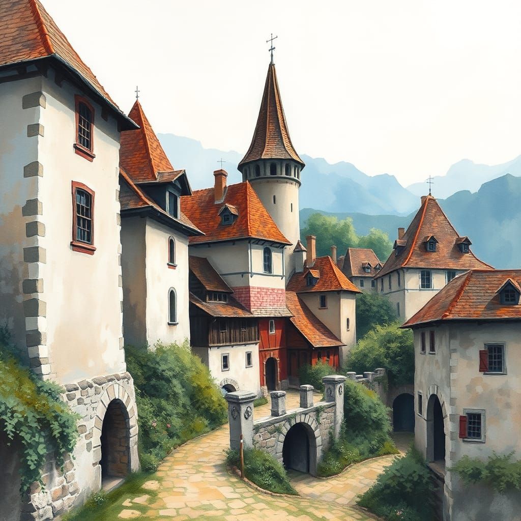 Medieval Village in Gouache Style Watercolor Painting