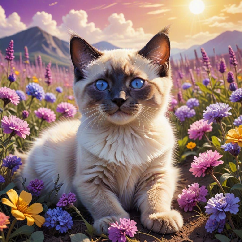 Cute Siamese Kitten in Dreamy Flower Field