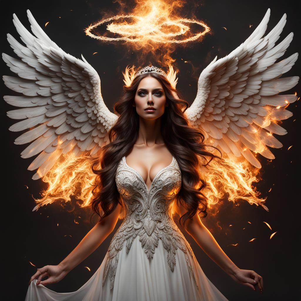 Angel with White and Fire Wings in Night Dress