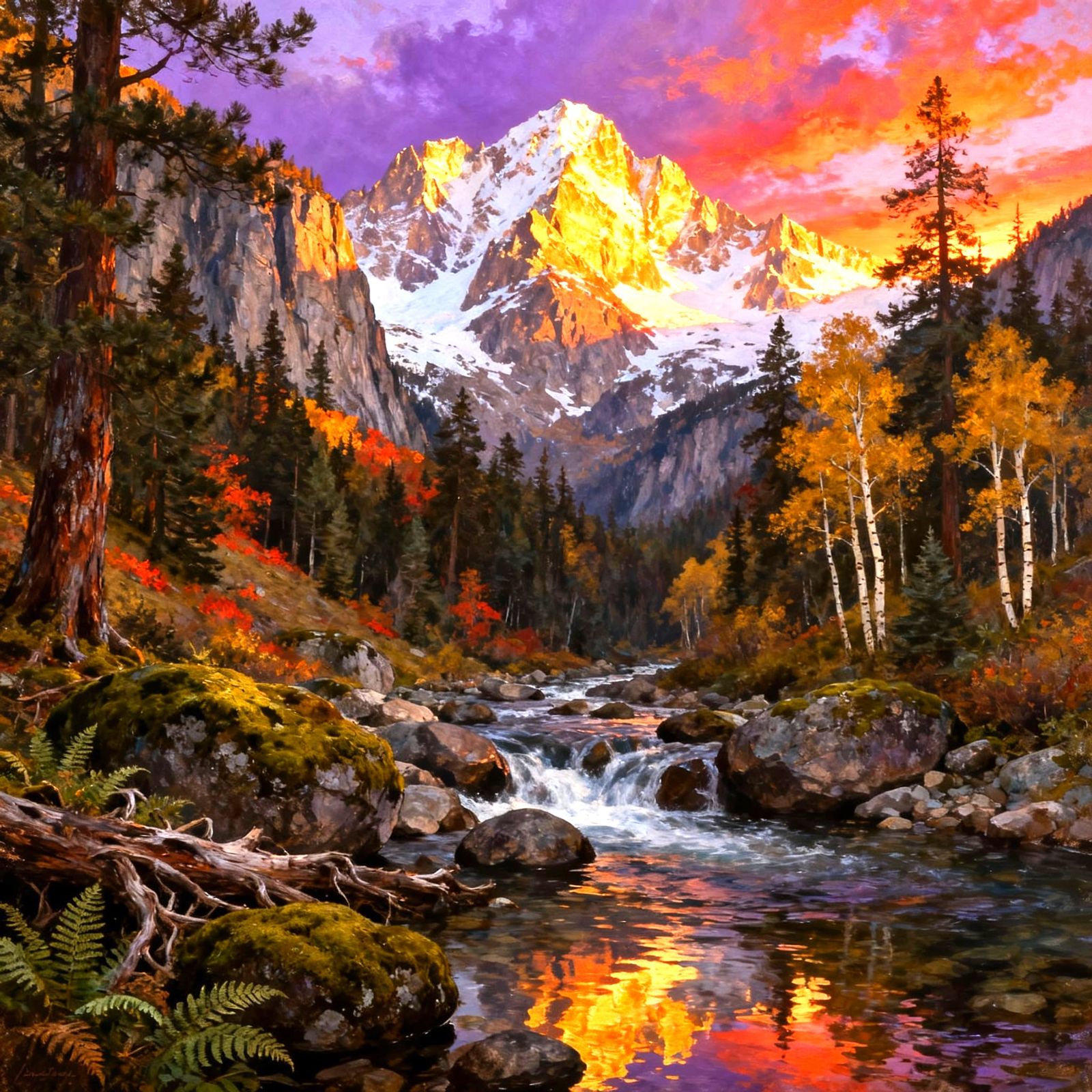 Rugged Alpine Landscape Oil Painting at Sunrise