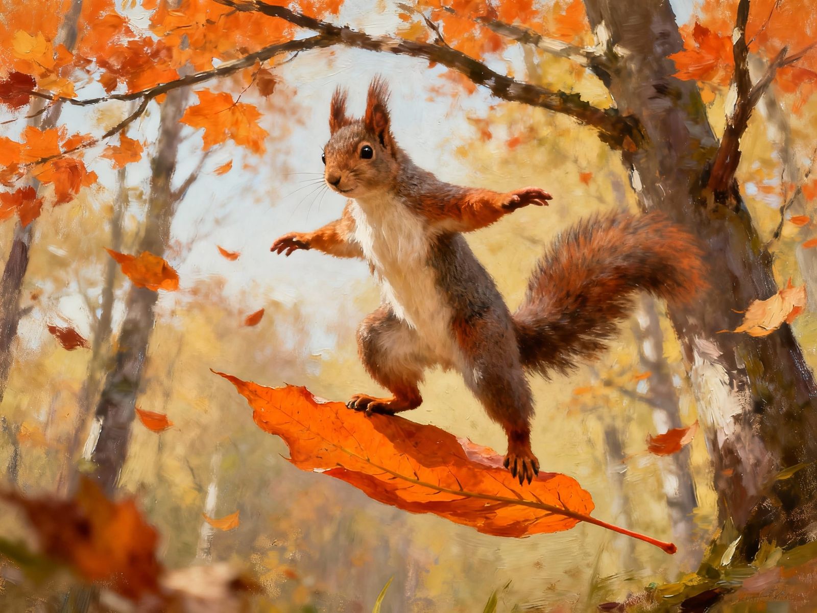 Squirrel Balancing on Falling Leaf in Autumn Forest