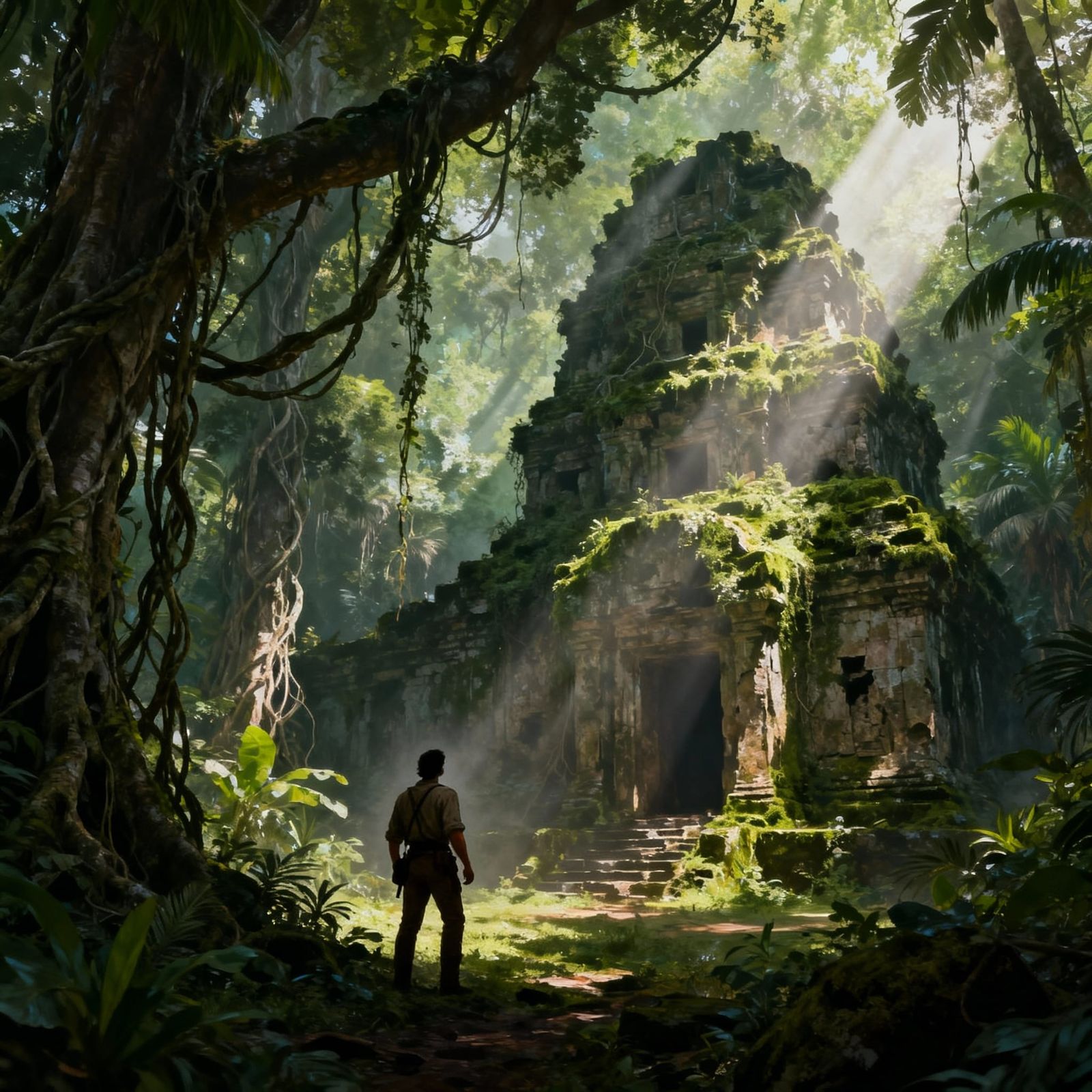 Explorer Discovers Jungle Temple in Adventure Art Style