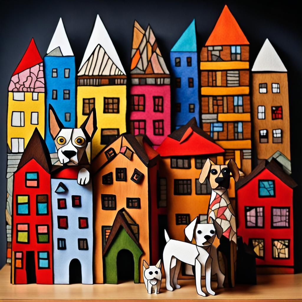 Vibrant Felt Paper Wood Diorama with Dogs and Intricate Buil...