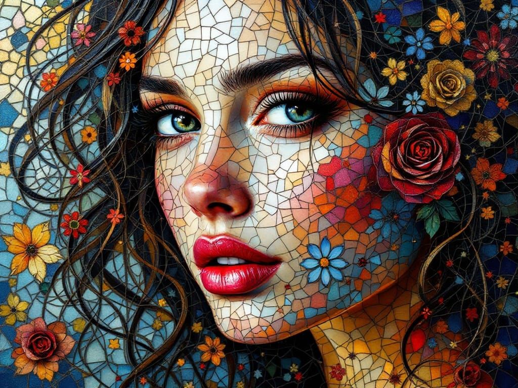 Vibrant Stained Glass Portrait of a Majestic Woman